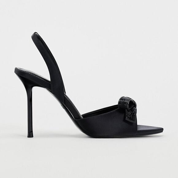 ZARA Embellished Slingback Bow Heels NWT — Size 8 Black Satin - Picture 16 of 16